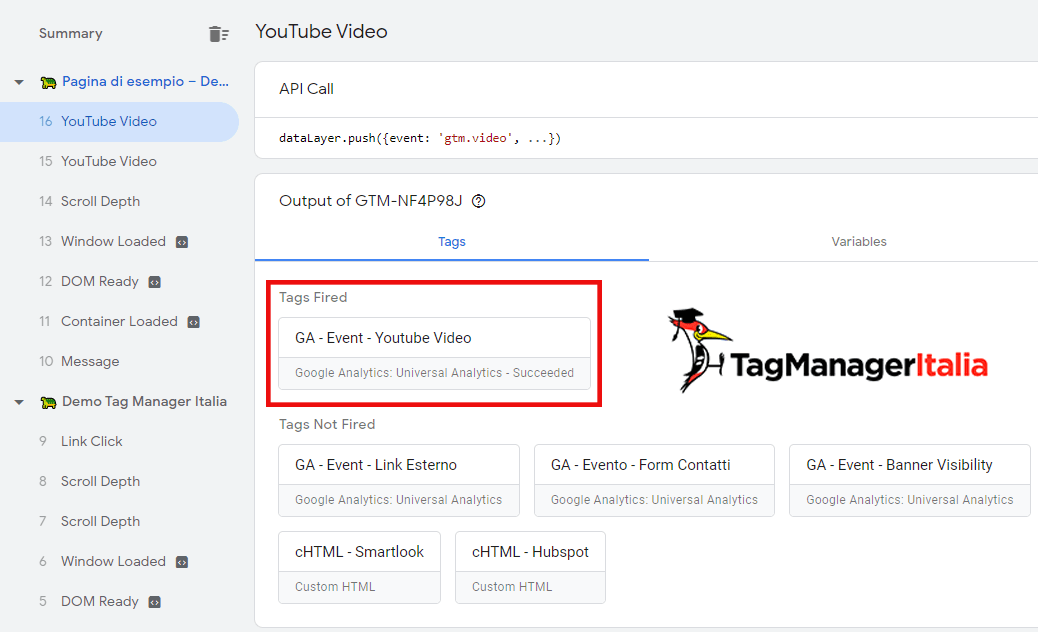 guida base verifica tracciare video youtube google tag manager - debug tag fired