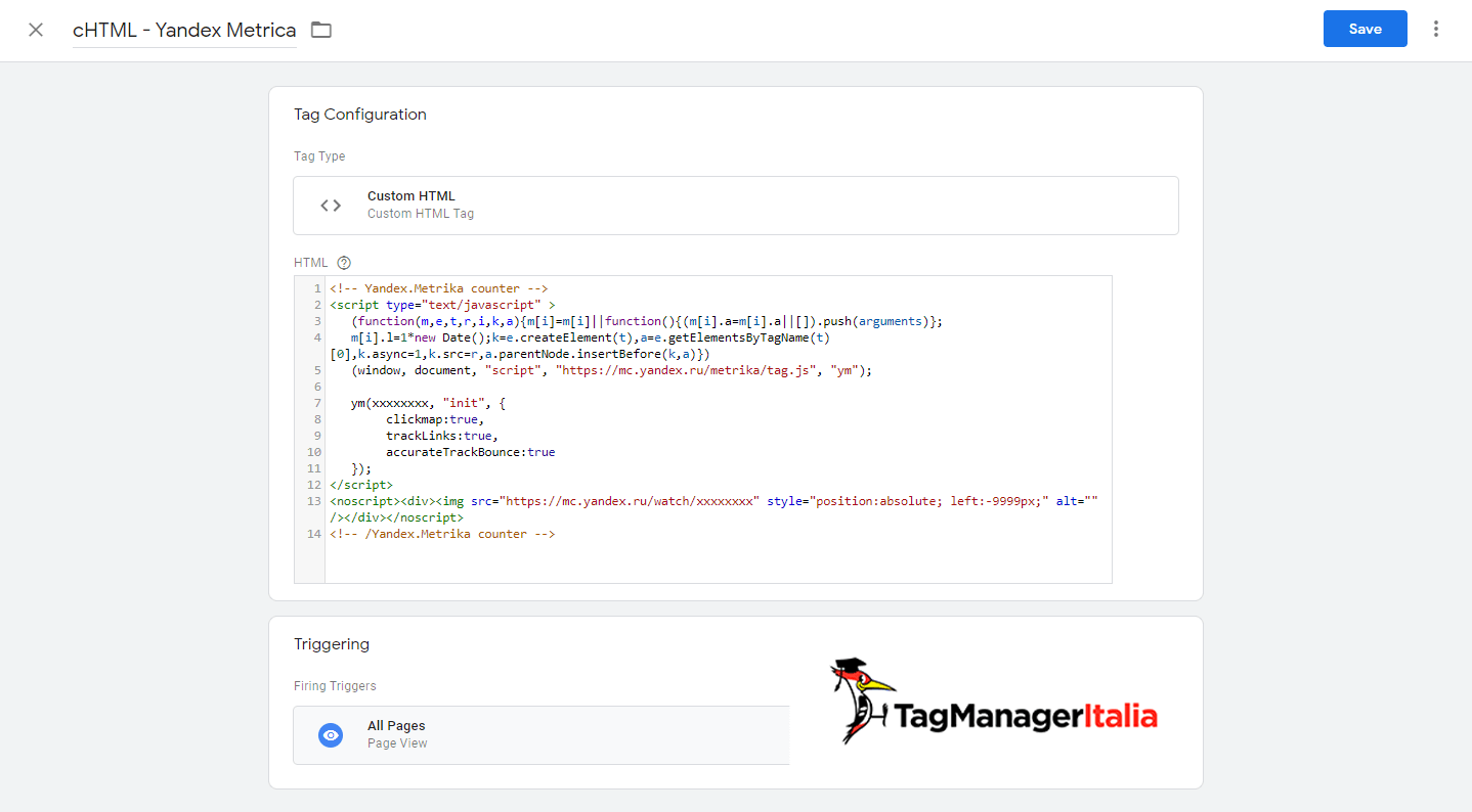 installare yandex metrica Google Tag Manager
