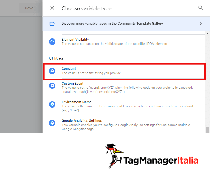 scegli variabile google tag manager