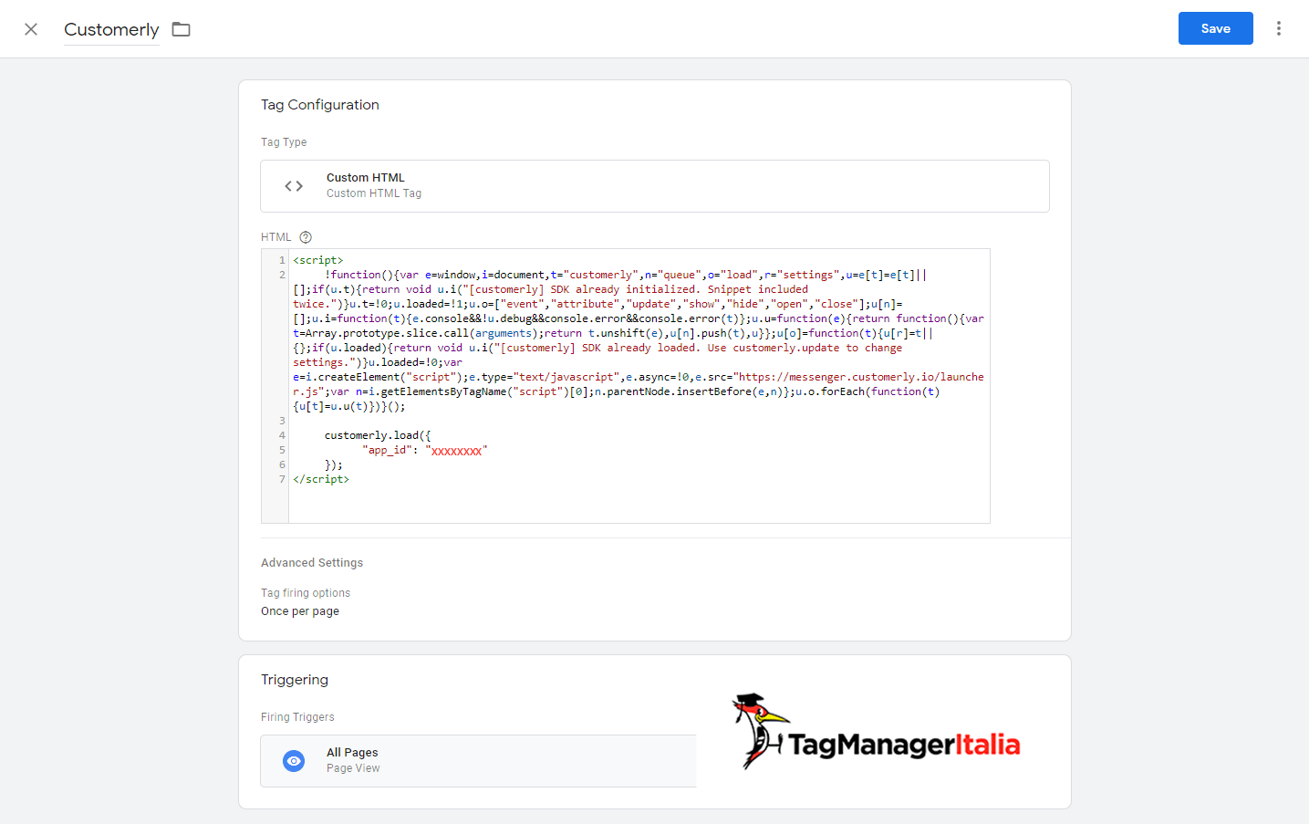 step 2 - html personallizato Customerly con Google Tag Manager