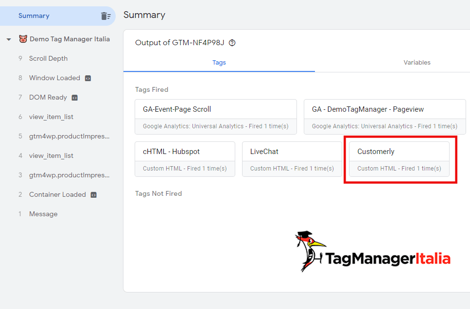 step 3 verifica debug customerly con google tag manager
