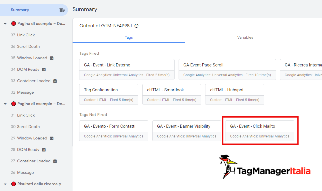 tracciare mailto google tag manager anteprima