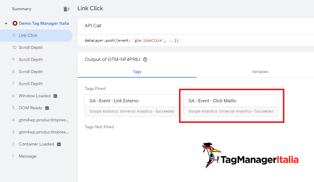 tracciare mailto google tag manager debug