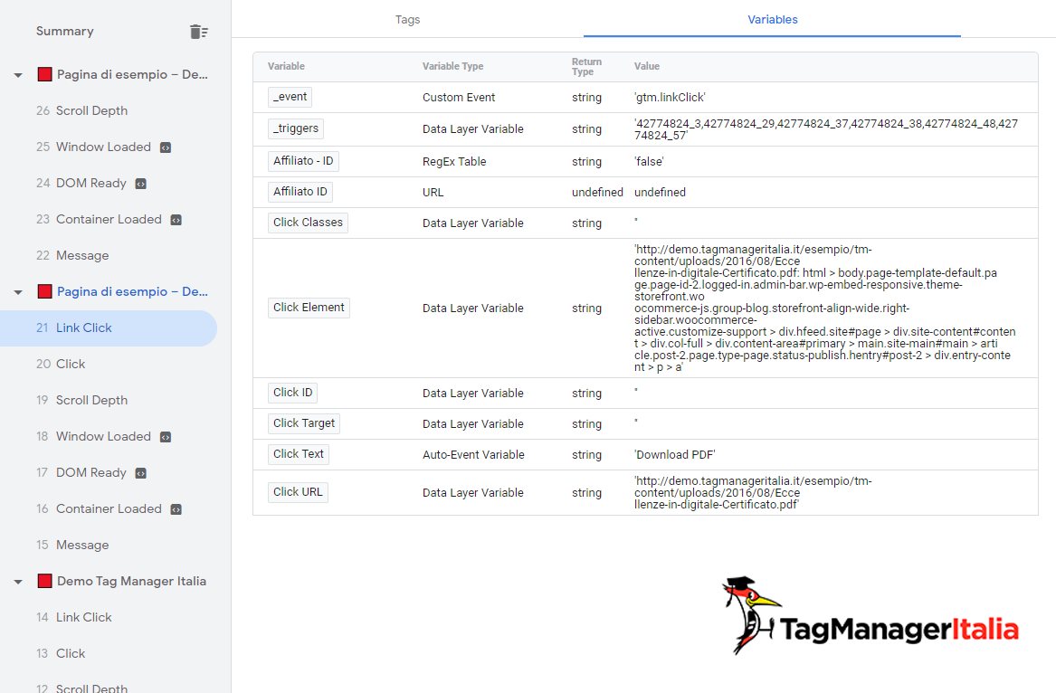 verifica con il debug di GTM: tracciare download pdf google tag manager