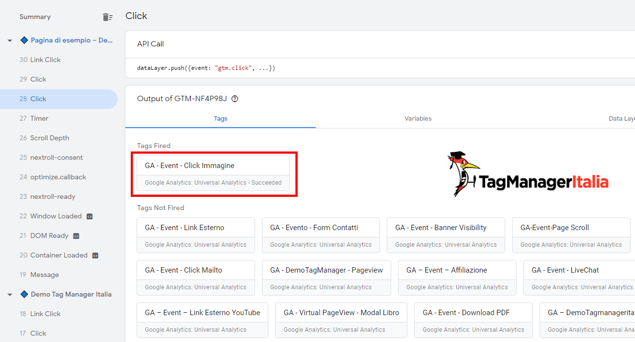 anteprima google tag manager tracciare click immagine il tag si attiva