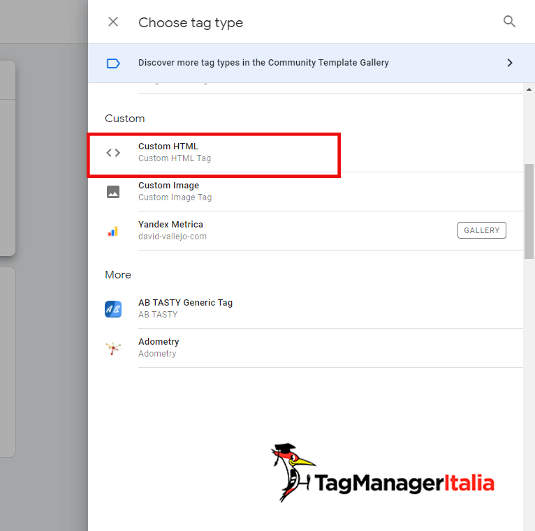 scegliere tag tipo Custom HTML