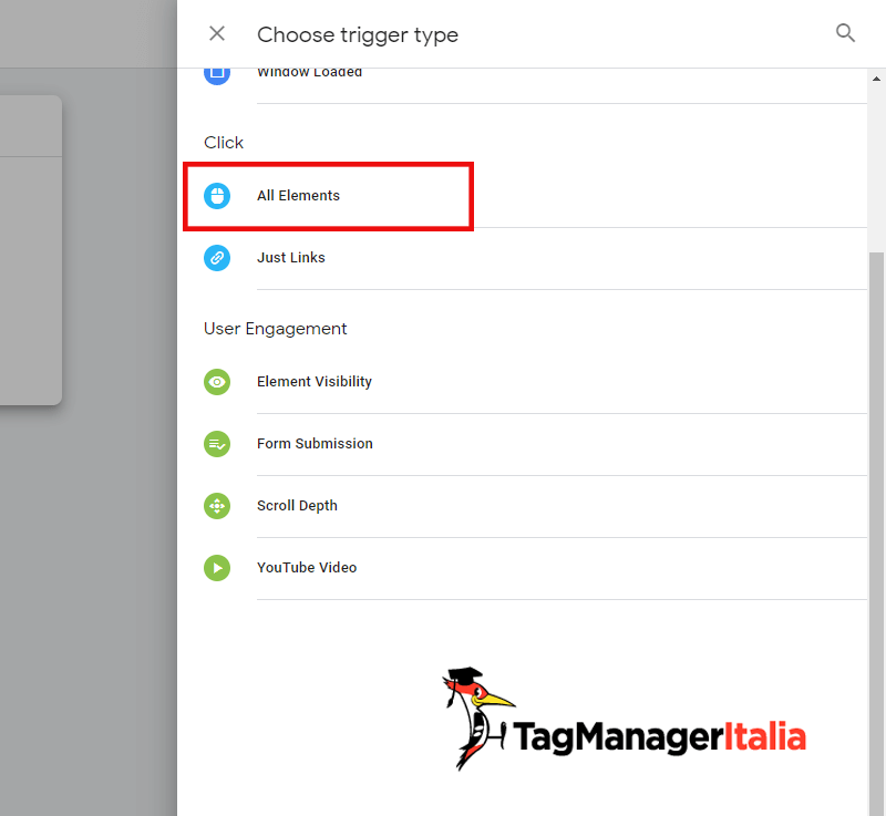 scegliere trigger tipo Click All Element
