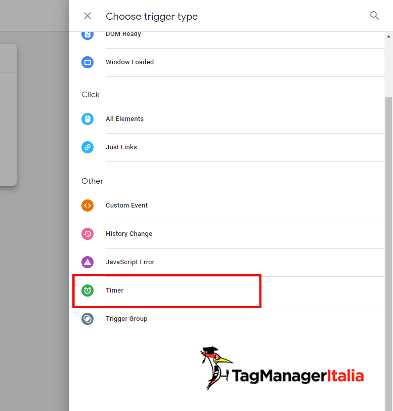 Seleziona l'attivatore (Trigger) di tipo Timer