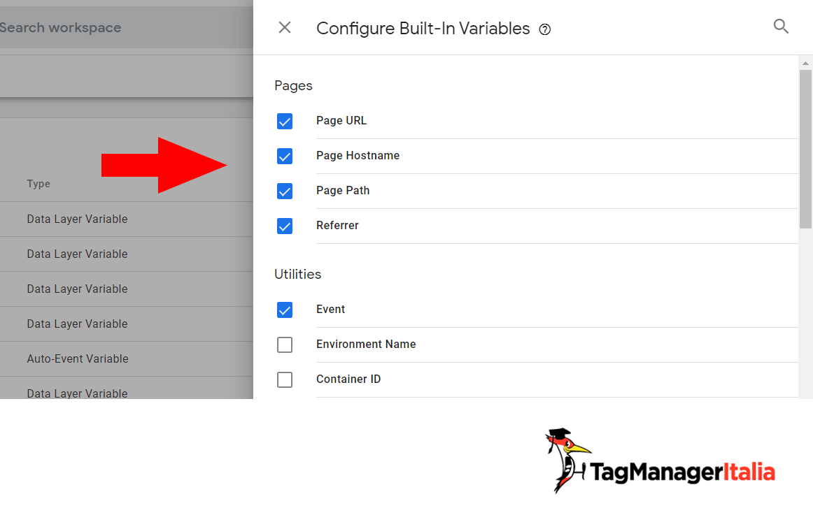 selezionare le variabili integrate google tag manager 