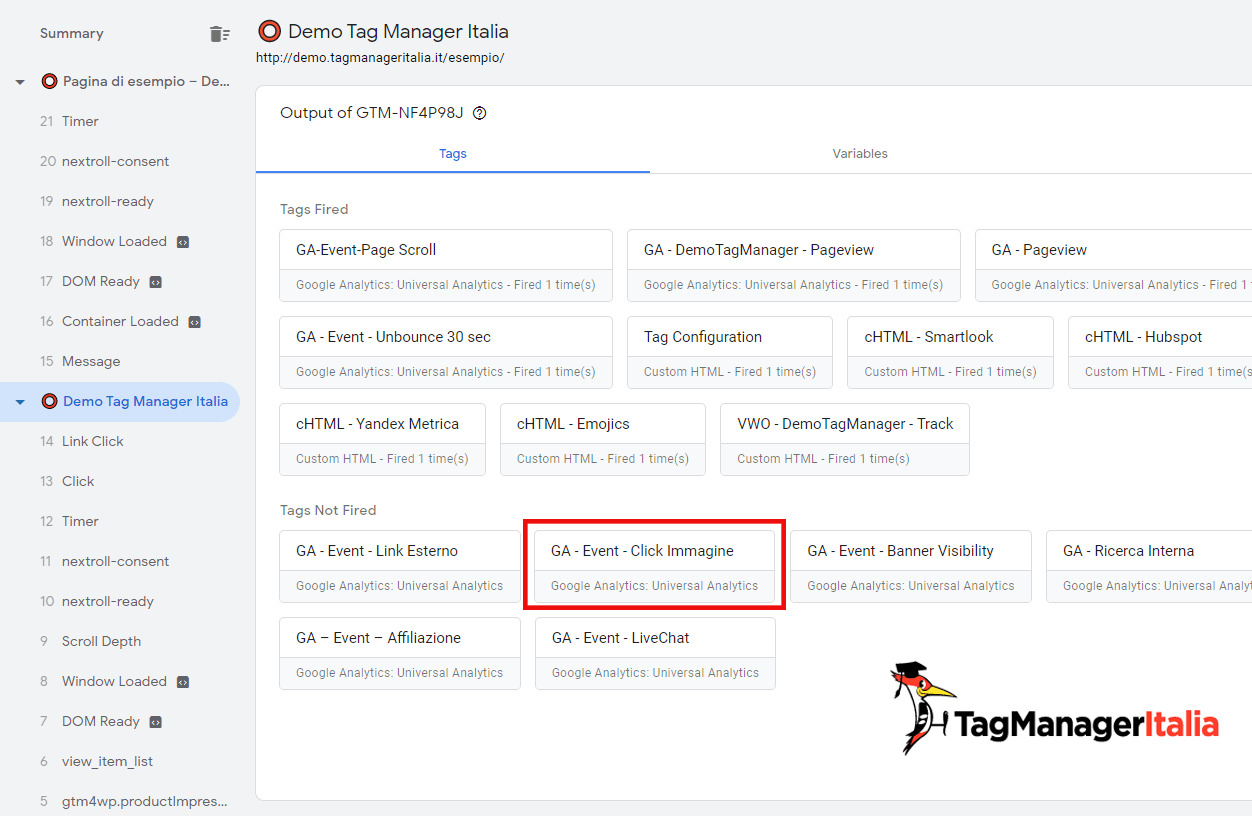 debug google tag manager tracciare click immagine