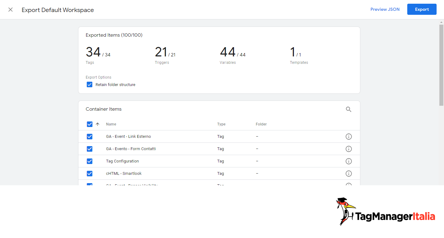 esporta contenitore google tag manager