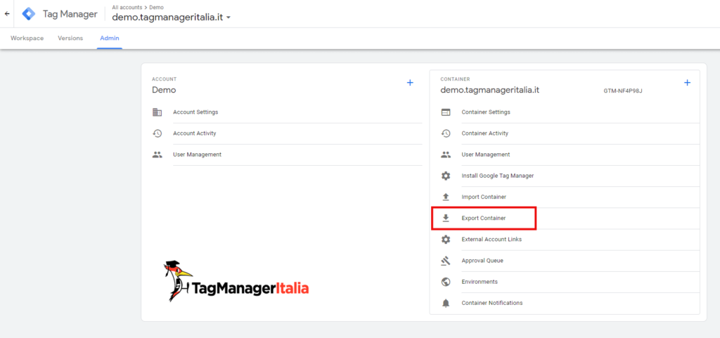 esporta dati contenitore google tag manager
