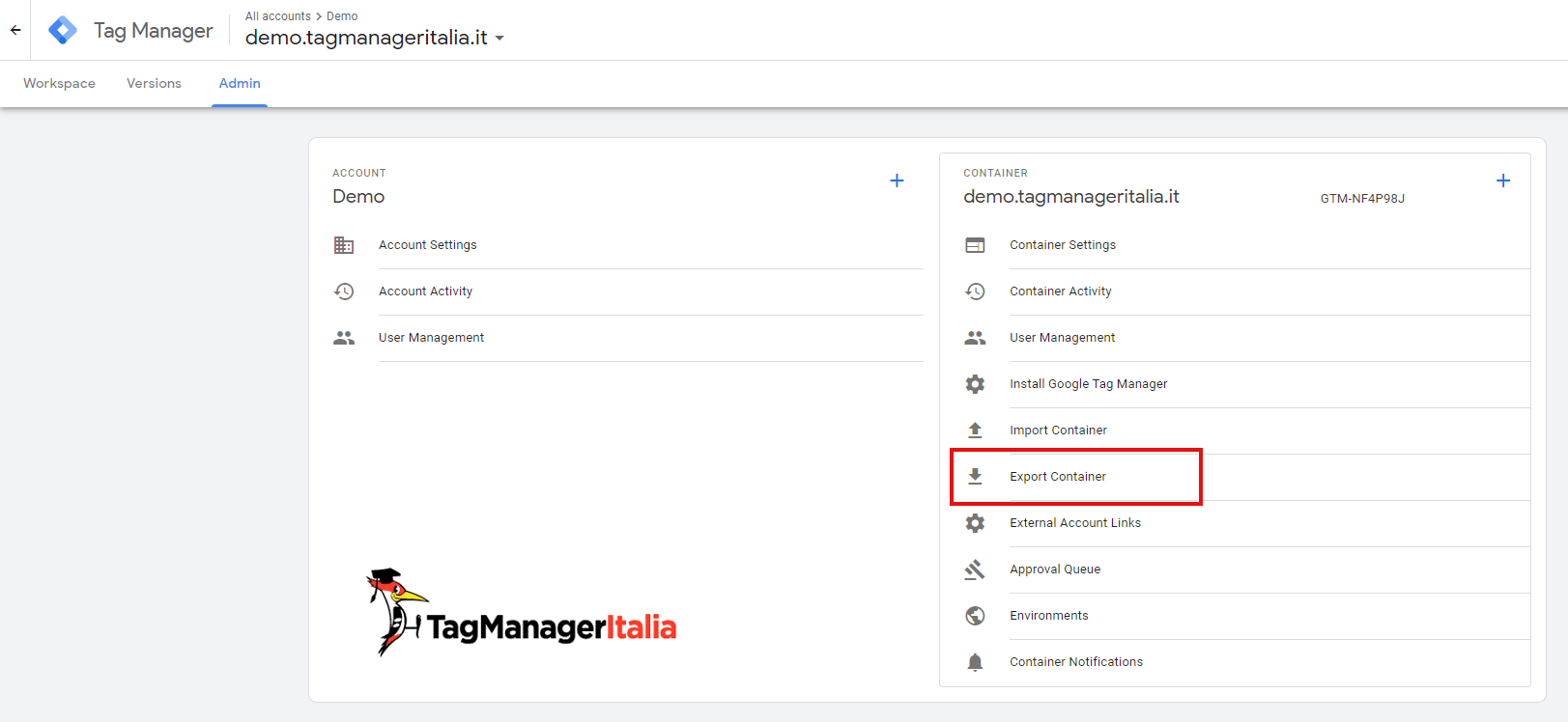esportare contenitore google tag manager 