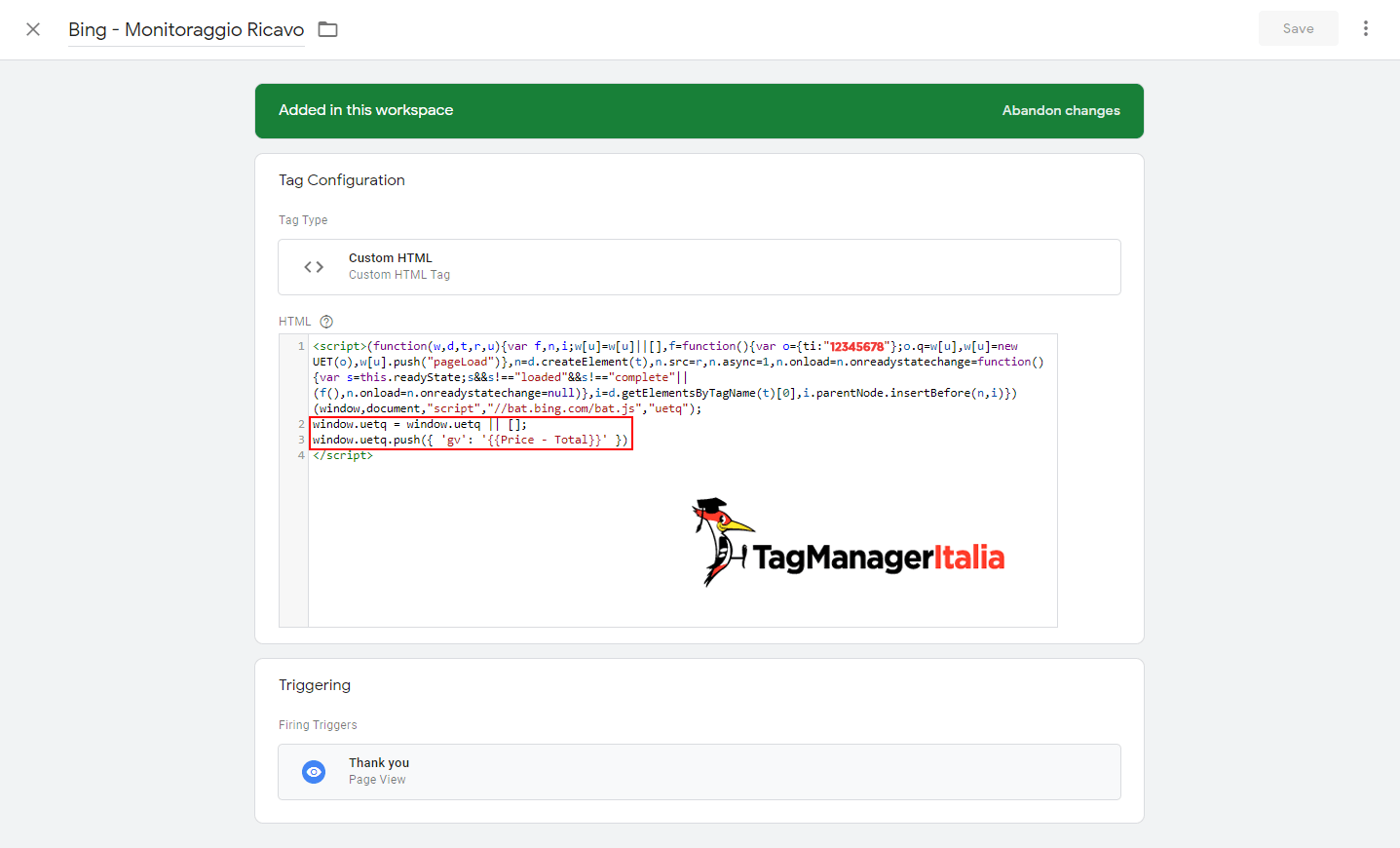 google tag manager tag bing transazione