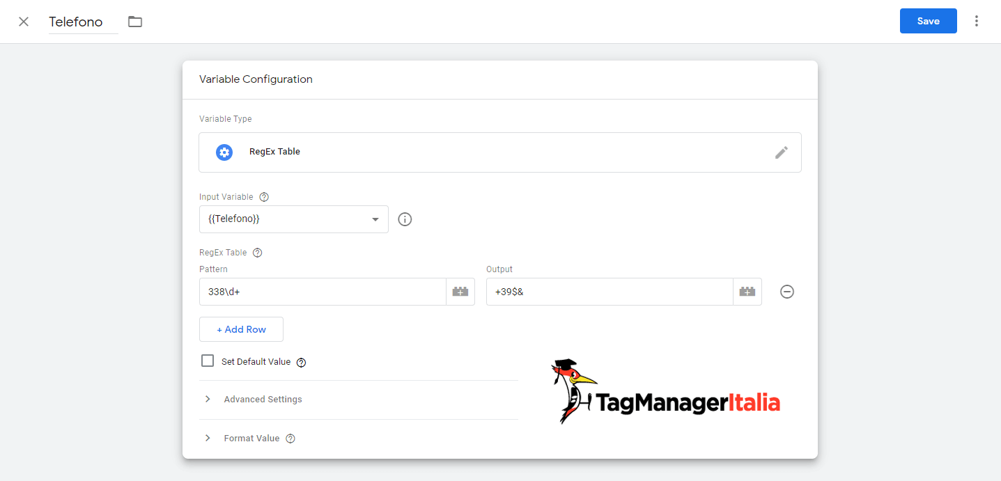 guida tabella regular expression in Google Tag Manager