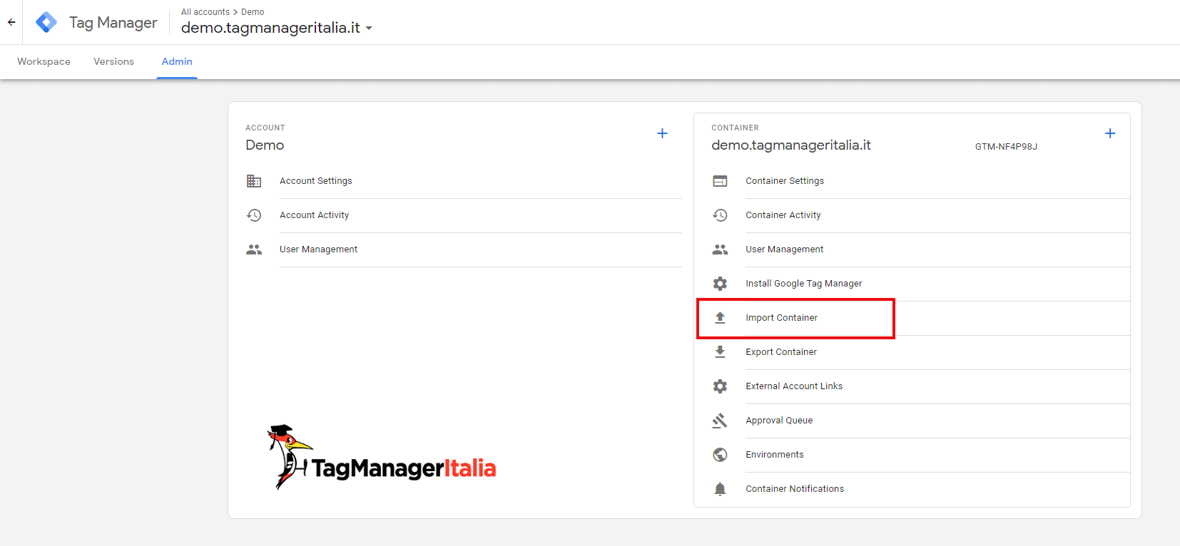 importare contenitore google tag manager