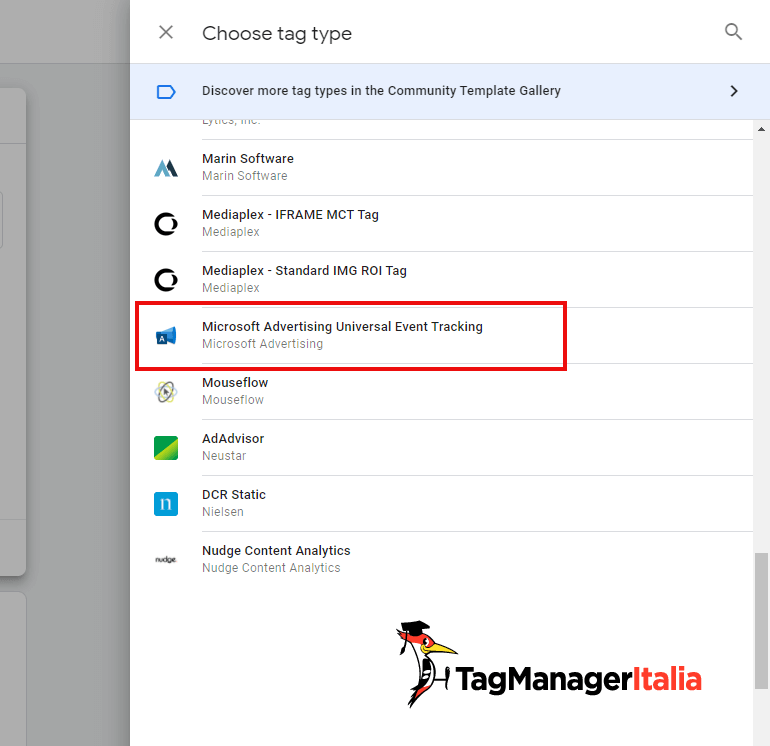 scegliere tag tipo Microsoft Advertising Universal Event Tracking 