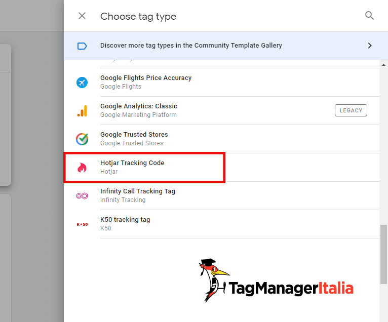 scegliere tag tipo Hotjar Tracking Code