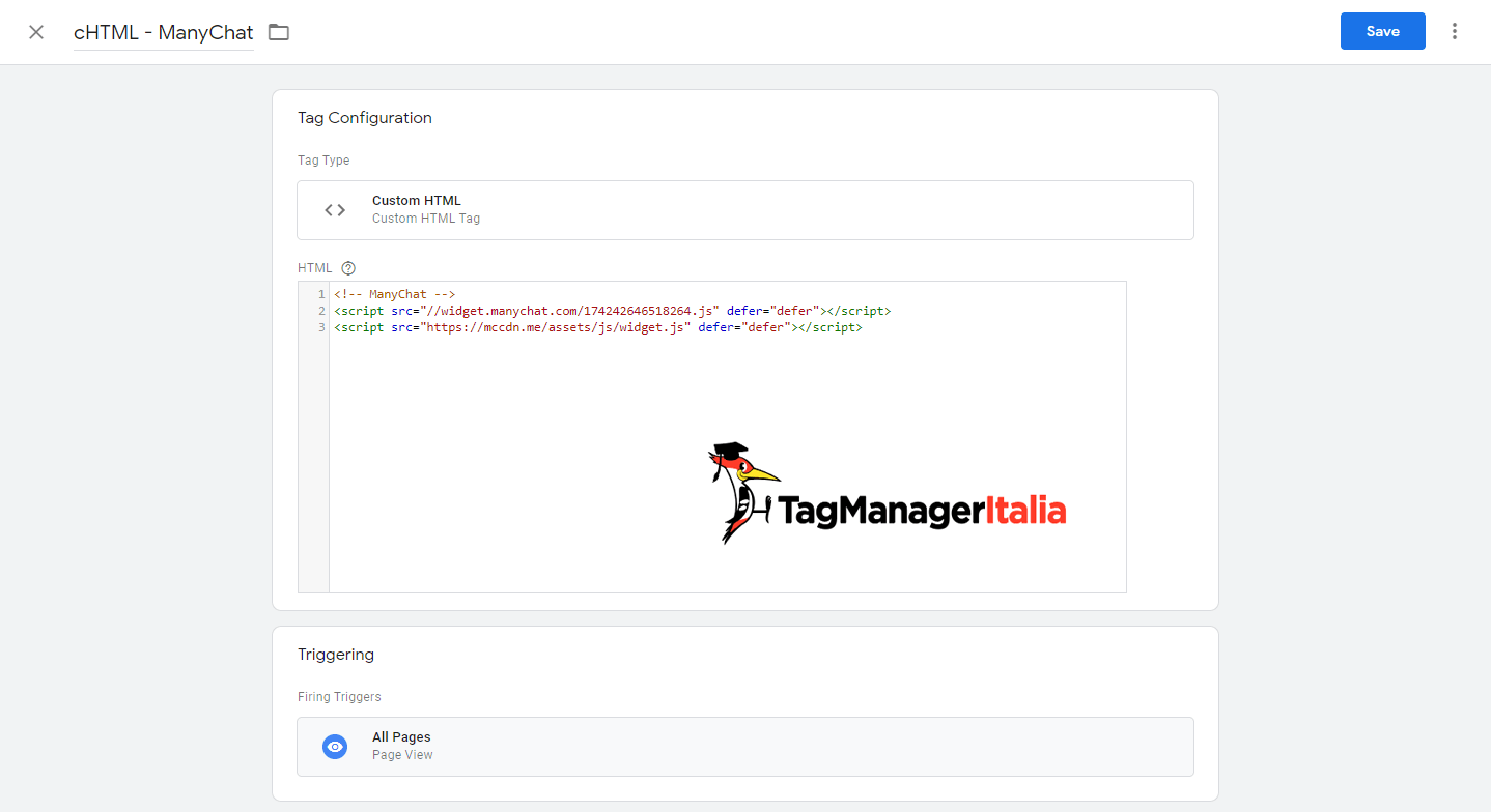 tag html personalizzato manychat google tag manager