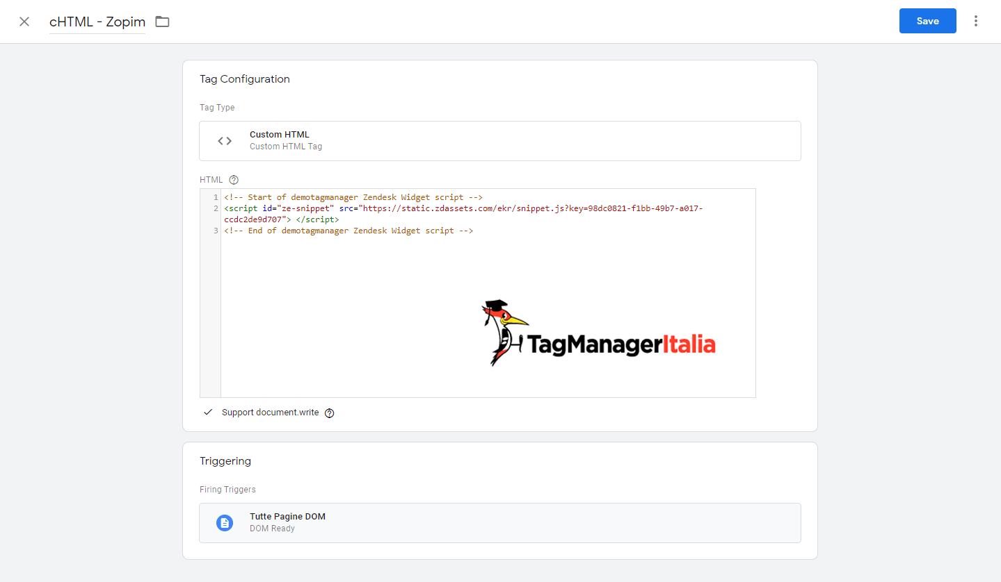 tag HTML custom per installare zopim in google tag manager