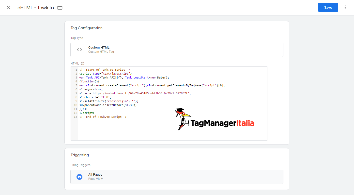 tag installazione tawk.to live chat google tag manager