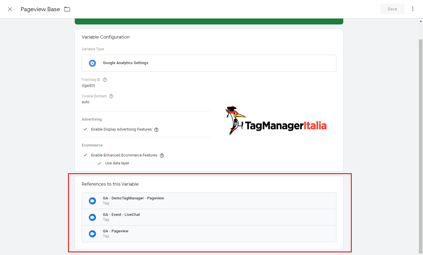variabile impostazioni google analytics google tag manager elenco dei Tag collegati
