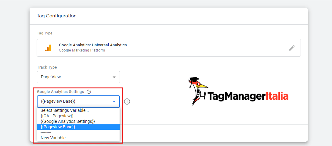 Tag di GA con la scelta delle variabili di impostazioni di Google Analytics