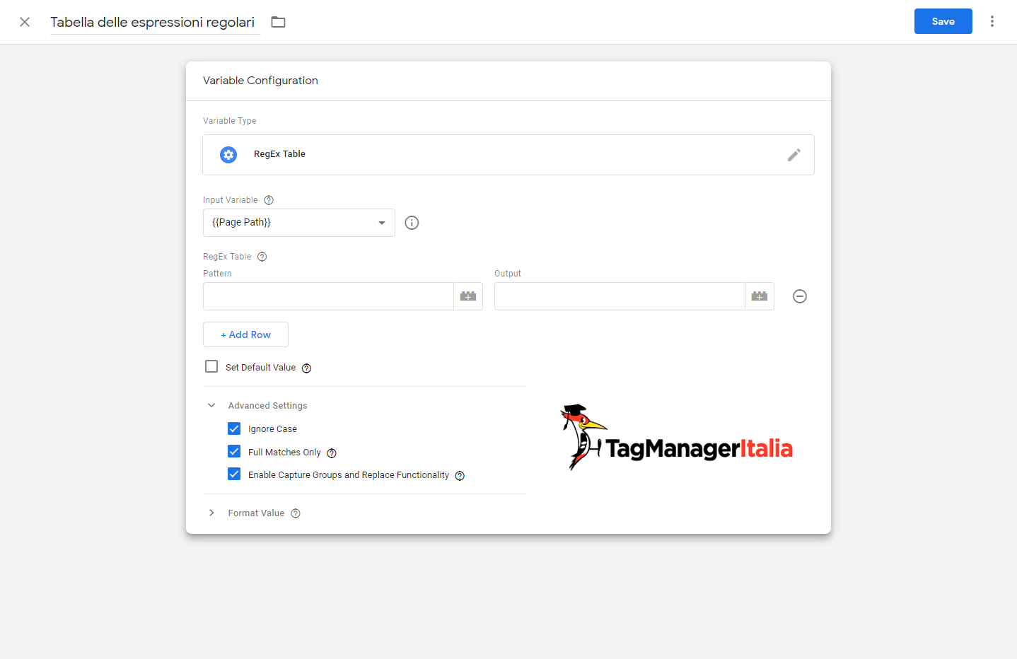 variabile tabella delle espressioni regolari