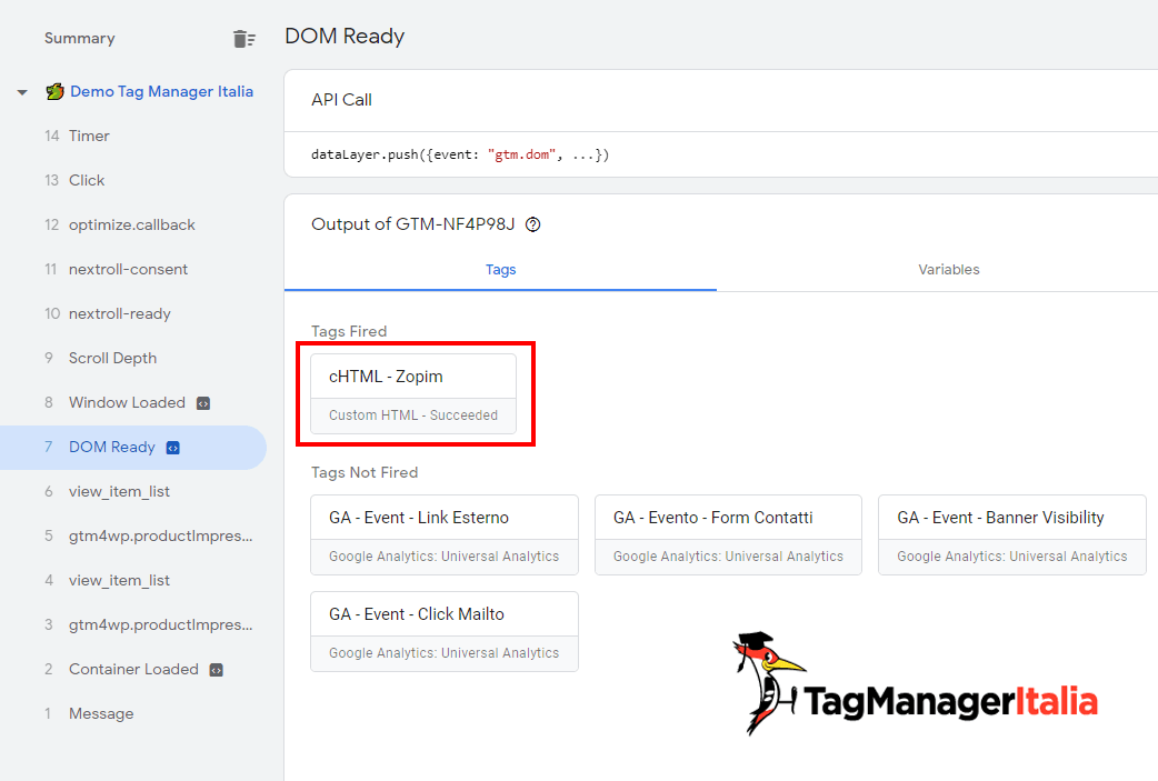 verifica installare zopim google tag manager