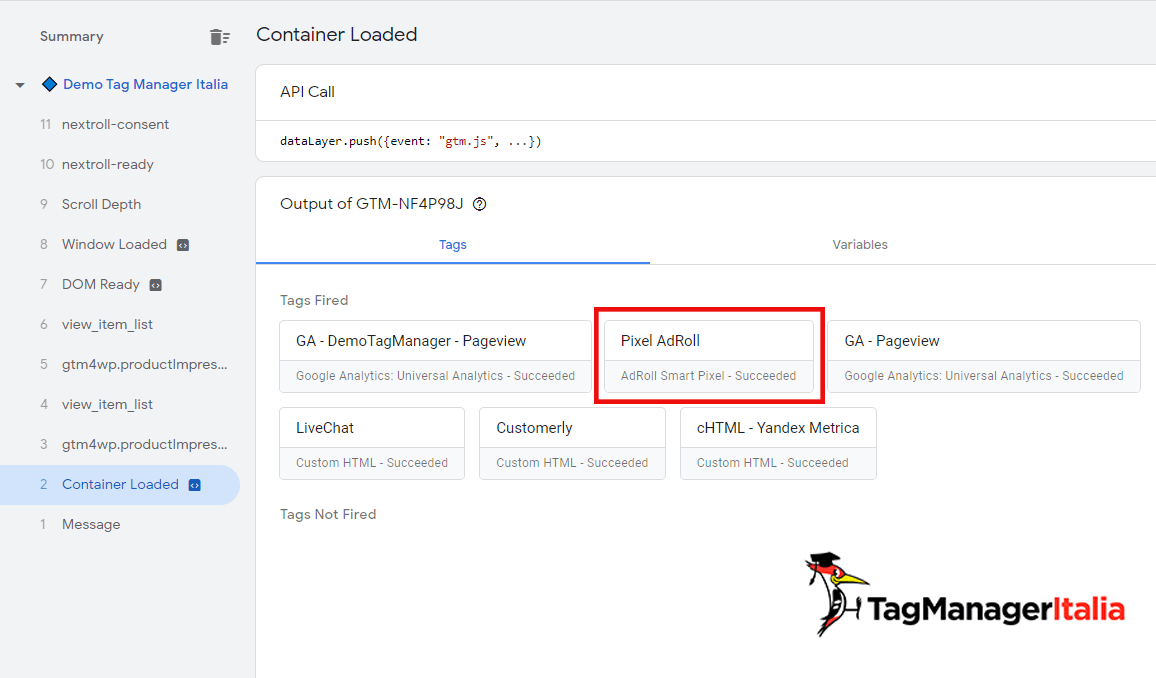 verifica installazione adroll google tag manager con il debug