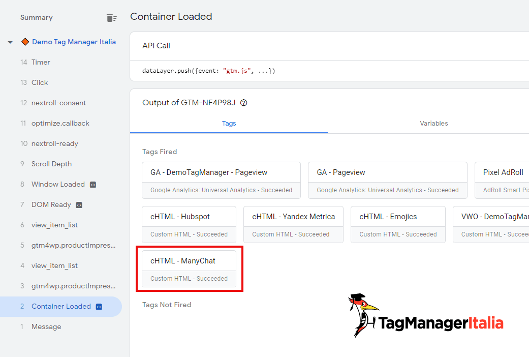 verifica installazione manychat google tag manager