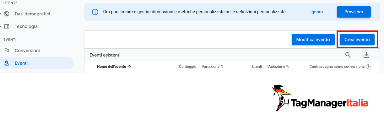 Creazione evento Google analytics 4