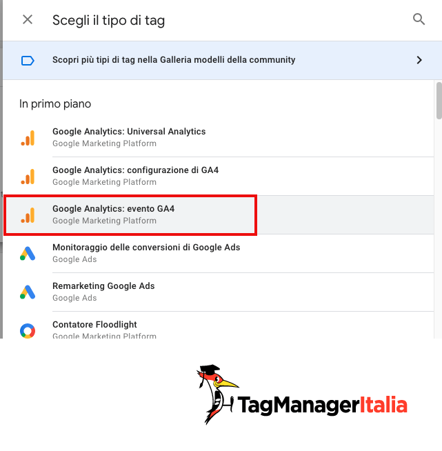 Scelta tag GA4 in Google Tag Manager 