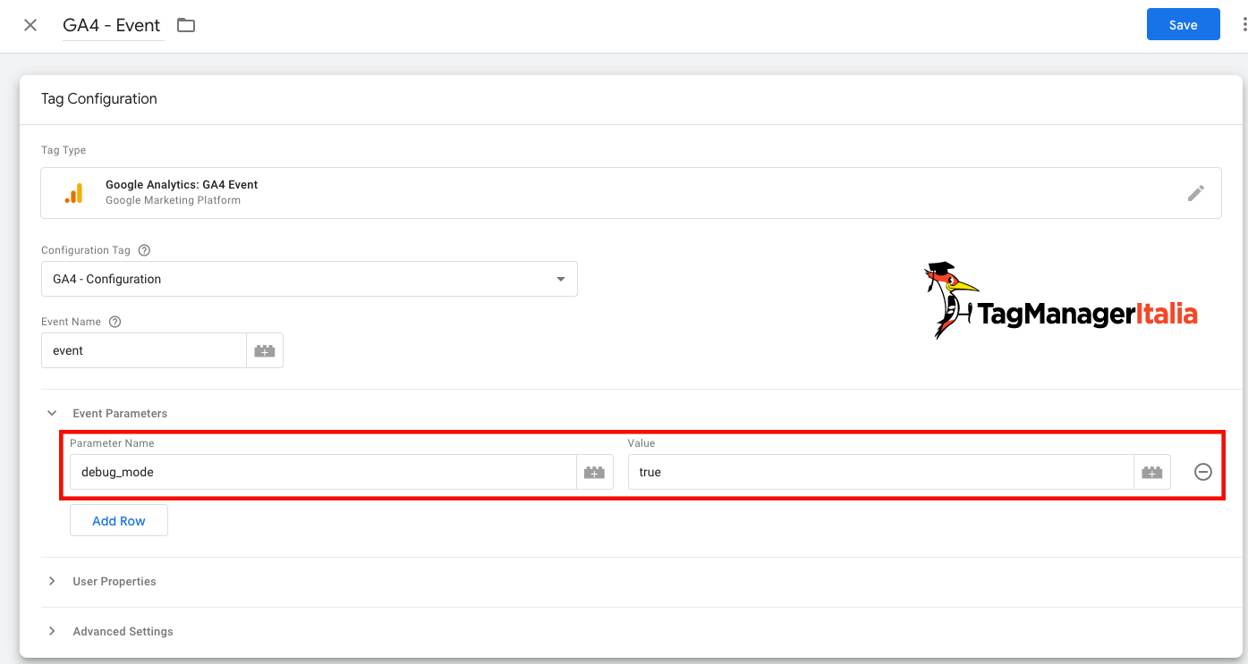 aggiungere parametro debug_mode ad un tag evento di GA4
