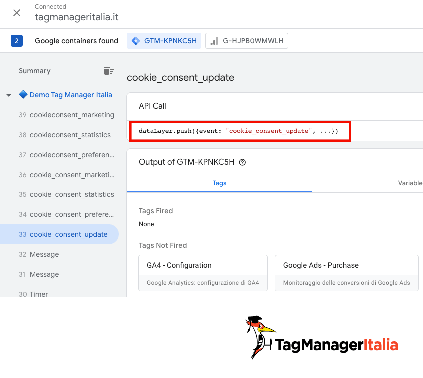 push evento update della consent mode gtm