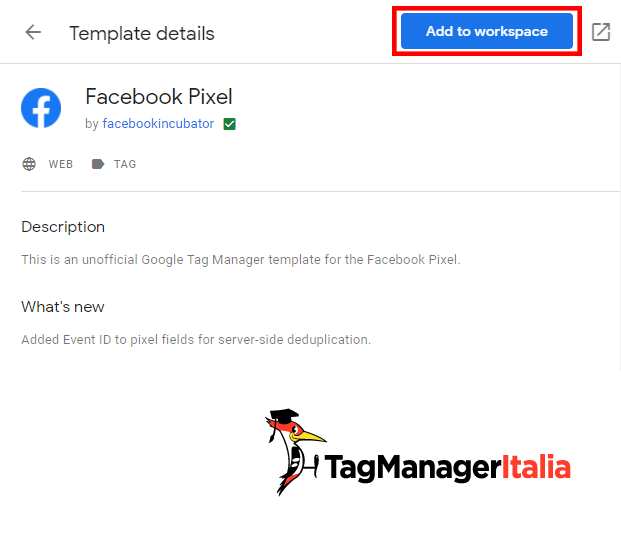 Aggiungi il template ufficiale del Pixel di Facebook al tuo ambiente di lavoro in GTM