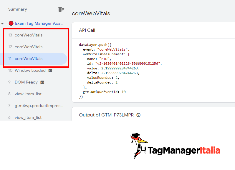 Anteprima eventi coreWebVitals in Google Tag Manager