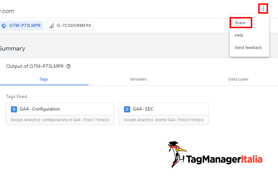 Clicca su share per condividere l'anteprima di Google Tag Manager