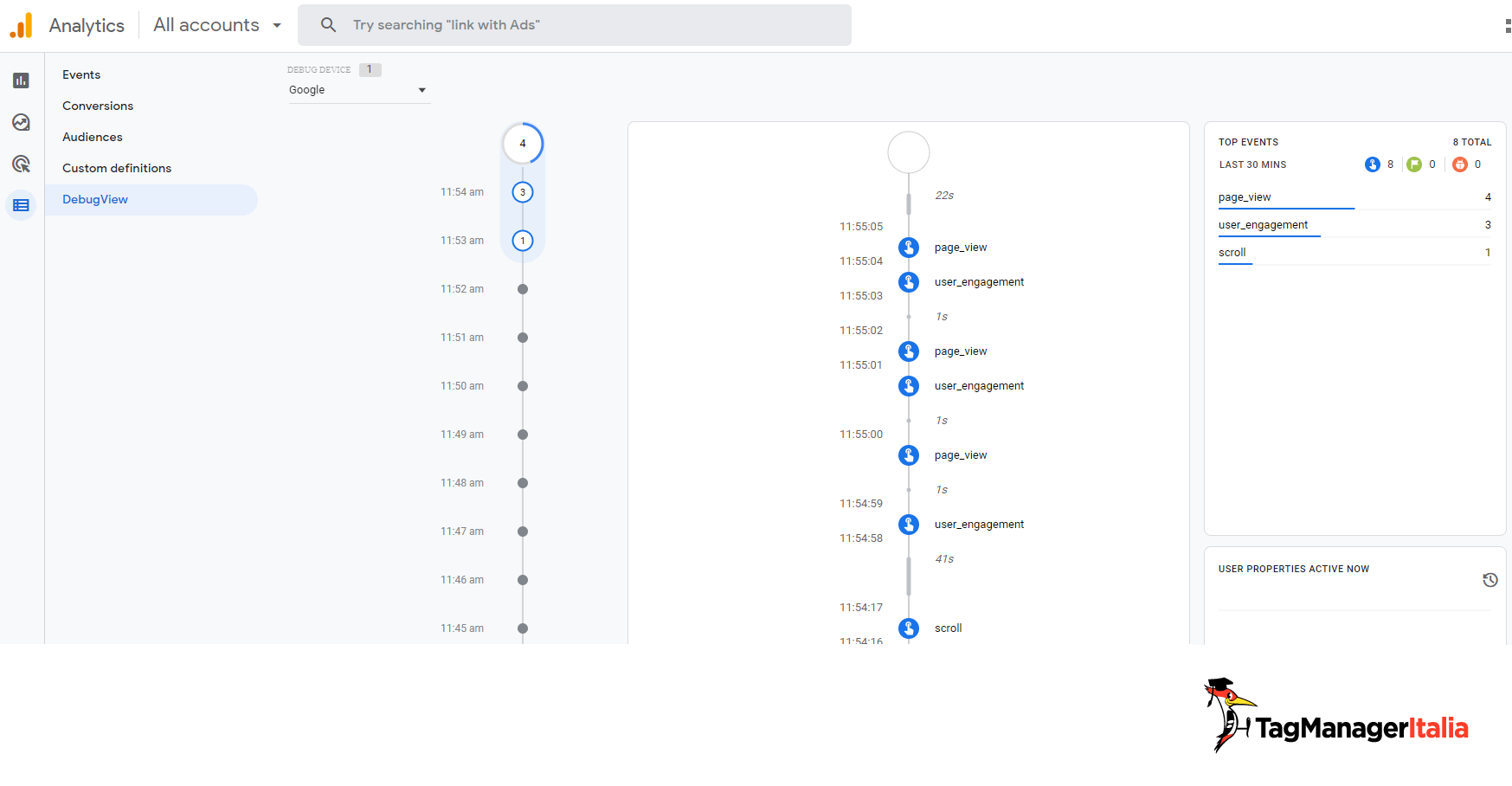 Debug View GA4 attiva