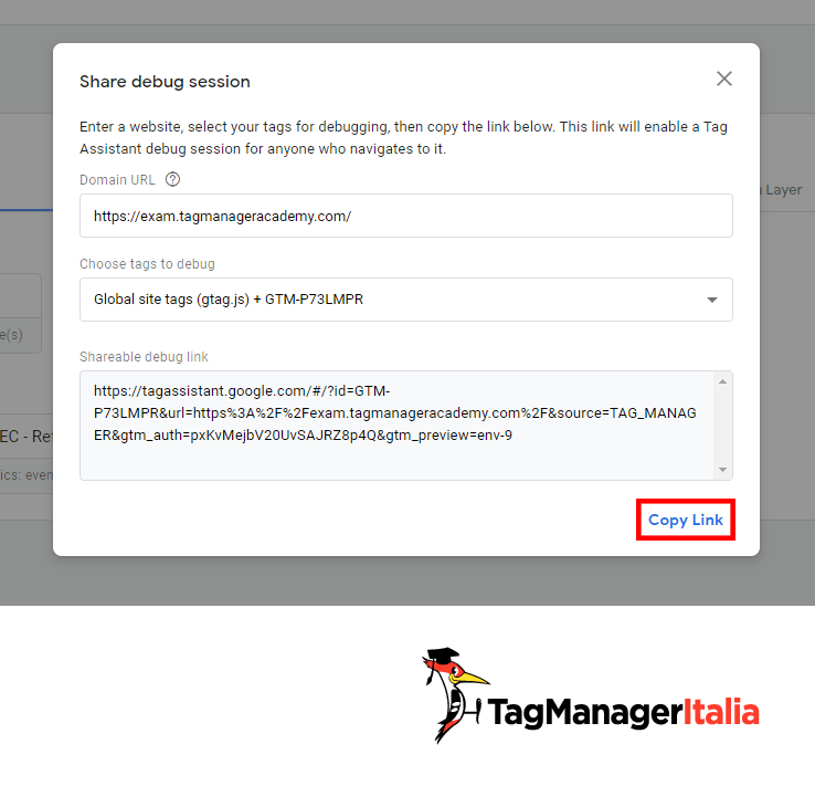 Impostazioni condivisione debug Google Tag Manager