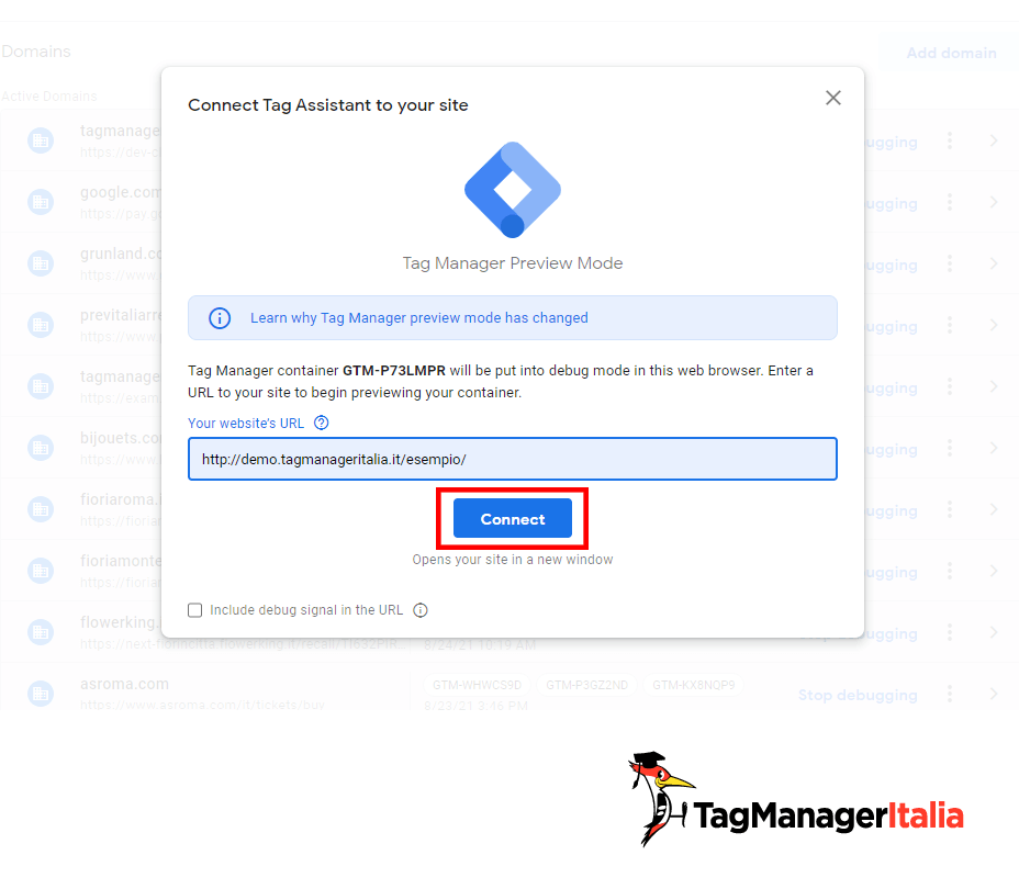 Inserisci URL del tuo sito web per attivare la modalità debug di GTM