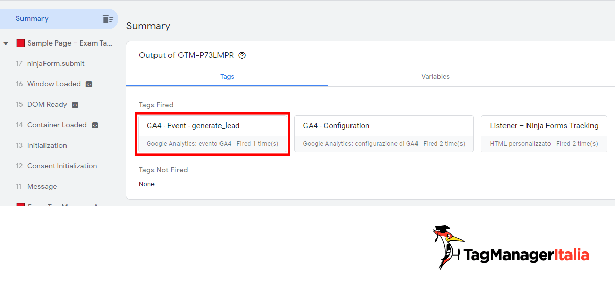 Tag evento Google Analytics 4 compilazione ninja forms fired