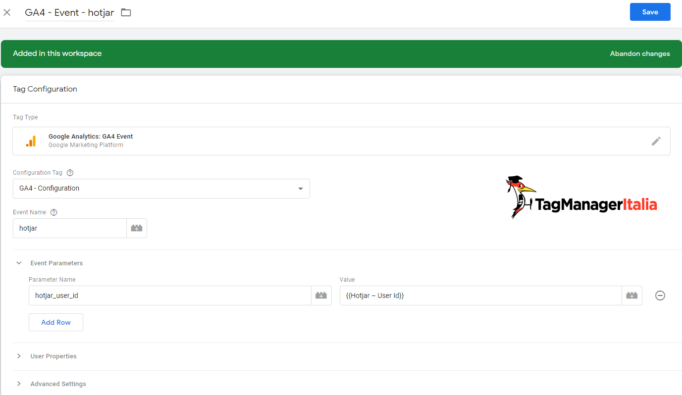 Tag evento Hotjar user id Google Analytics 4