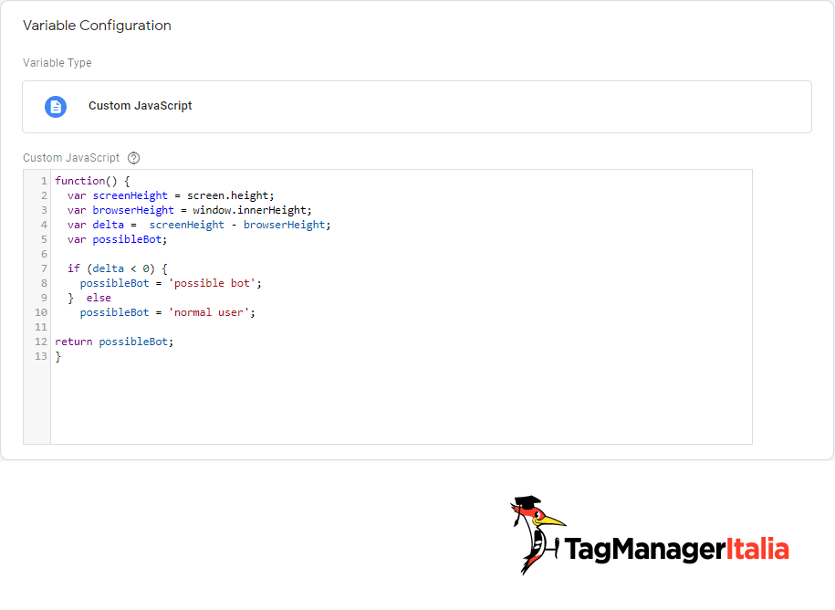 Variabile Javascript personalizzato possible bot google tag manager