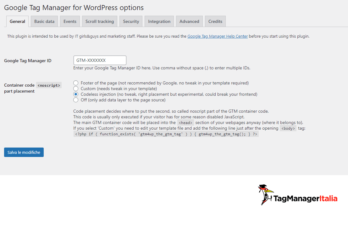 configurazione plugin google tag manager for wordpress