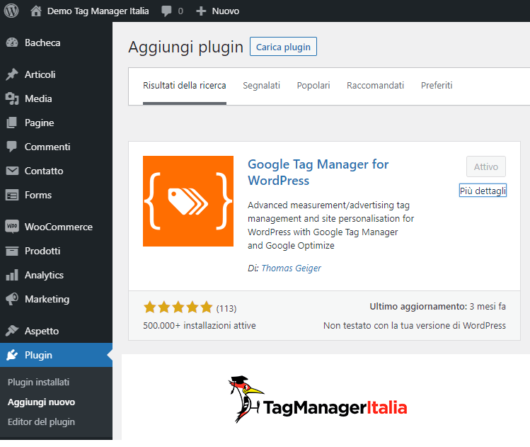 installare GTM con il plugin google tag manager for wordpress