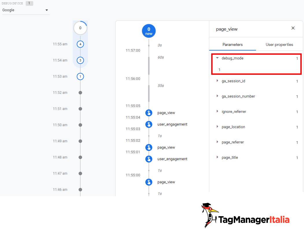 parametro debug mode con valore 1 eventi GA4