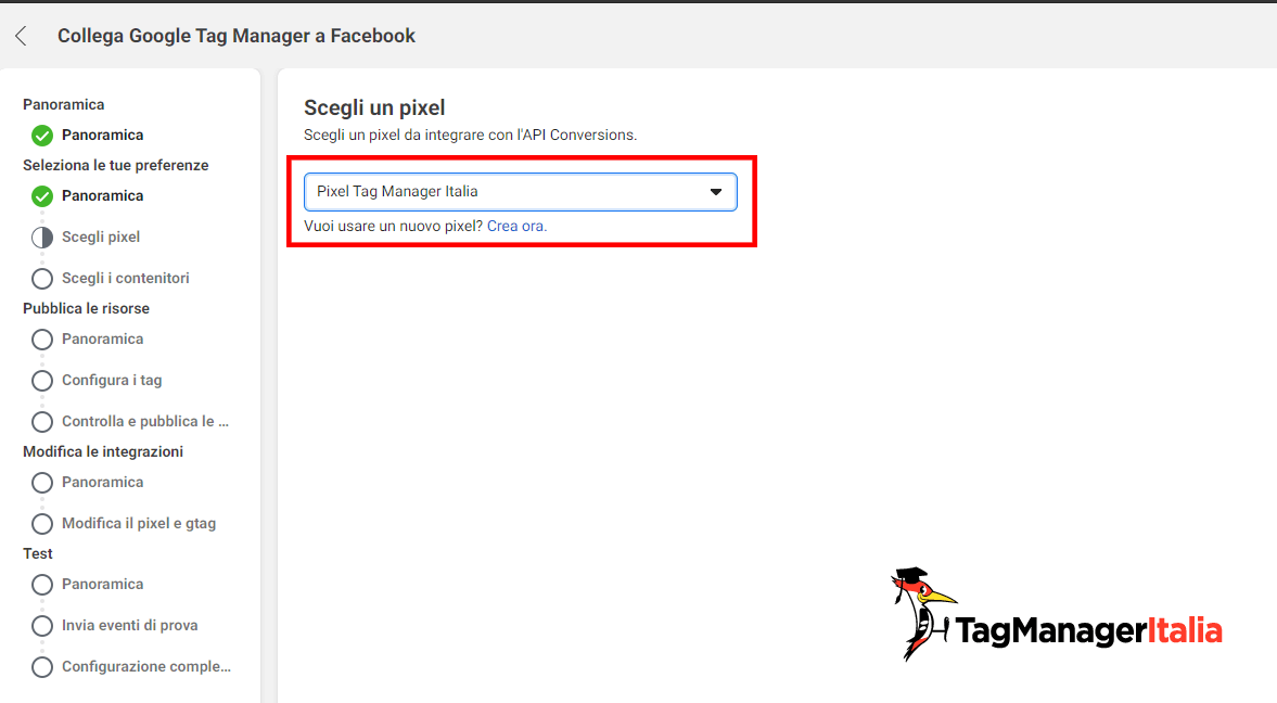 scegli il pixel da utilizzare per configurare conversion API facebook