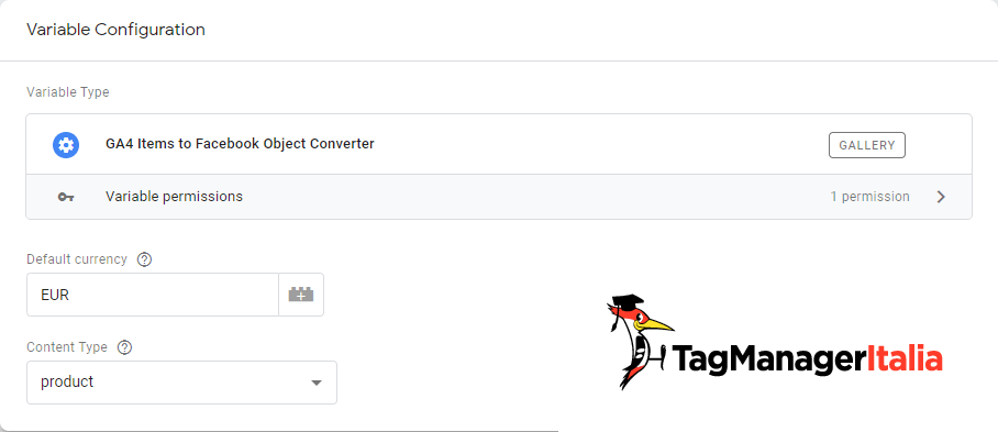 Configurazione variabile GA4 items to Facebook object converter GTM