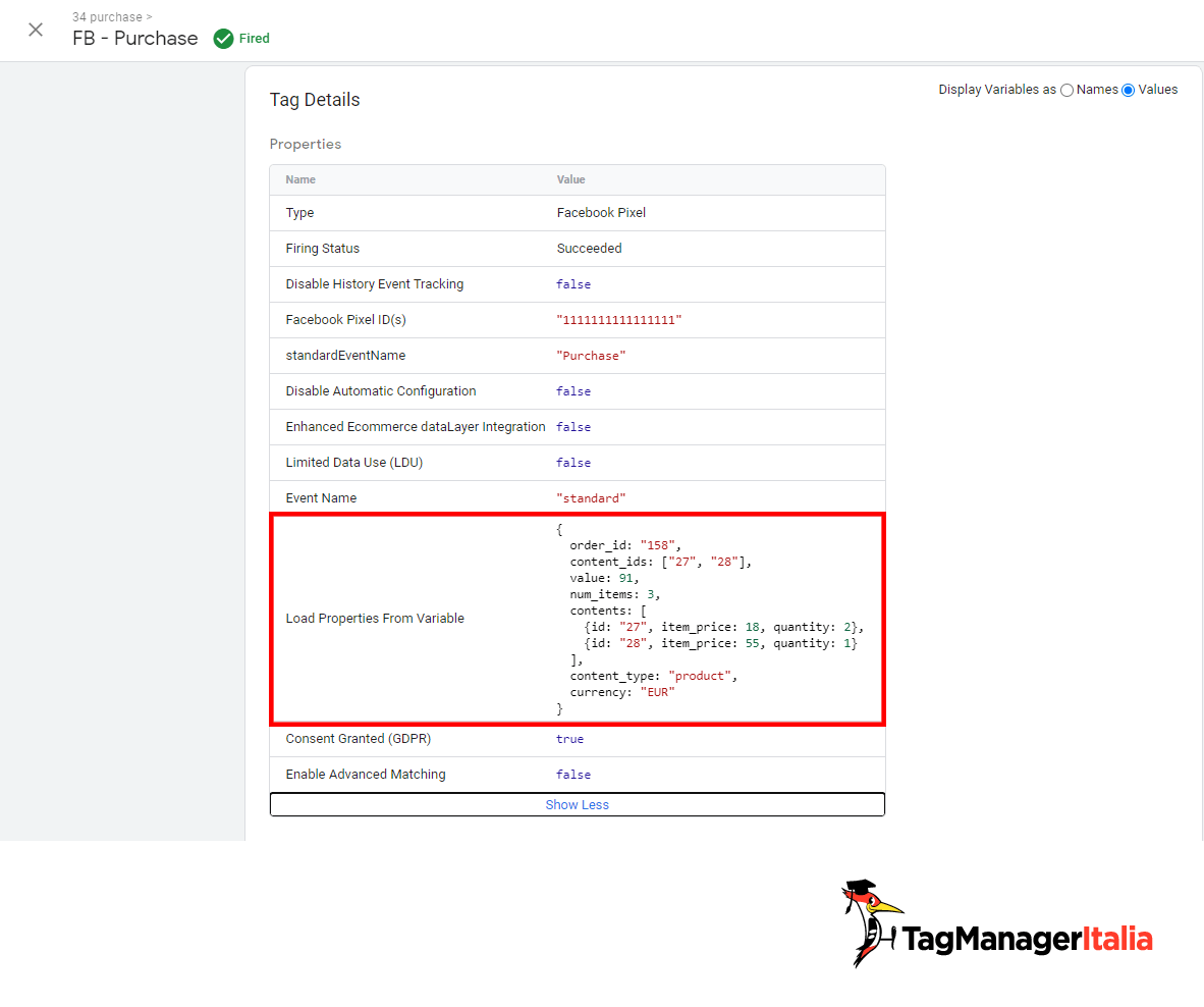 Parametri Tag evento Purchase Facebook fired GTM debug